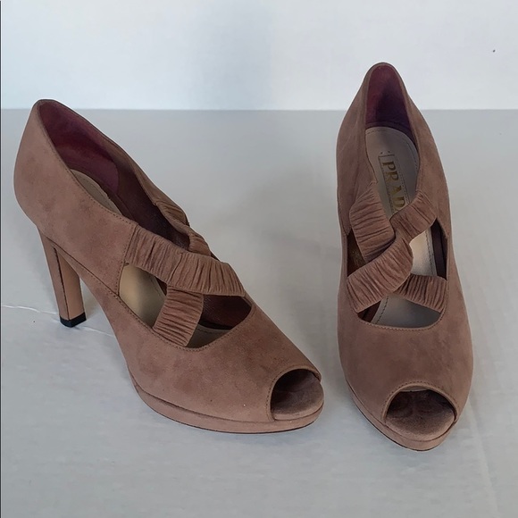 PRADA | Suede Crossover Blush Peep-Toe Pumps Sz 37 - Picture 2 of 16